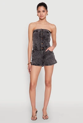 Womens Daisy Denim Button Front Romper, Black, Size S