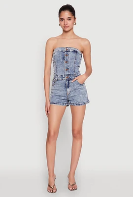 Womens Daisy Denim Button Front Romper, Blue, Size XL
