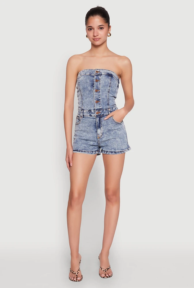 Womens Daisy Denim Button Front Romper, Blue,