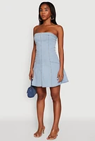 Womens Daisy Strapless Denim Skater Dress, Blue, Size M