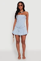 Womens Daisy Denim Strapless Pleated Romper with Zip Back, Blue,