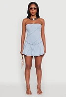 Womens Daisy Denim Strapless Pleated Romper with Zip Back, Blue,