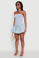 Womens Daisy Denim Strapless Pleated Romper with Zip Back, Blue,