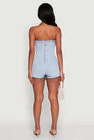 Womens Daisy Denim Strapless Pleated Romper with Zip Back, Blue,