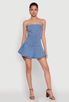 Womens Daisy Denim Strapless Pleated Romper with Zip Back, Blue, Size S