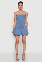 Womens Daisy Denim Strapless Pleated Romper with Zip Back, Blue,