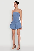 Womens Daisy Denim Strapless Pleated Romper with Zip Back, Blue,