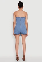 Womens Daisy Denim Strapless Pleated Romper with Zip Back, Blue,