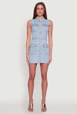 Womens Daisy Sleeveless Button Front Denim Dress, Blue, Size XL