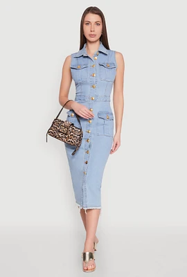 Womens Daisy Denim Sleeveless Utility Midi Dress, Blue,