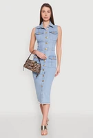 Womens Daisy Denim Sleeveless Utility Midi Dress, Blue, Size S