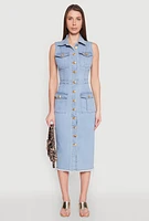 Womens Daisy Denim Sleeveless Utility Midi Dress, Blue, Size S