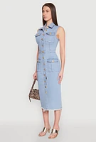 Womens Daisy Denim Sleeveless Utility Midi Dress, Blue, Size S