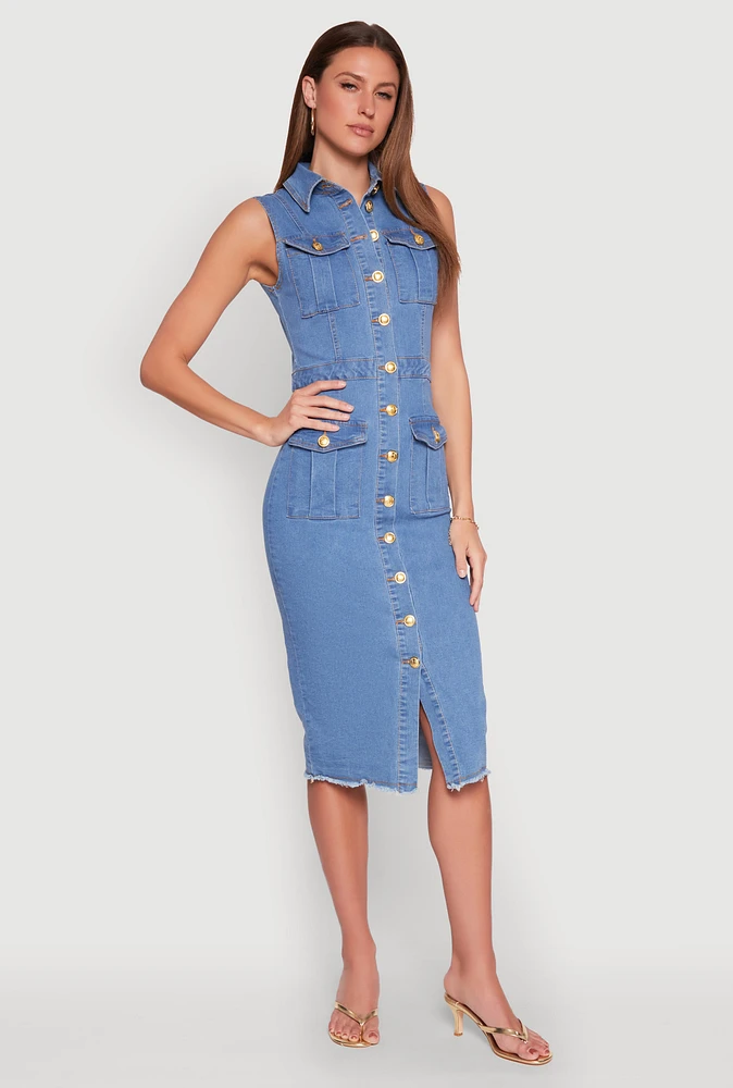 Womens Daisy Denim Sleeveless Utility Midi Dress, Blue, Size M