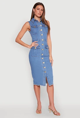 Womens Daisy Denim Sleeveless Utility Midi Dress, Blue, Size M