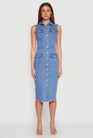 Womens Daisy Denim Sleeveless Utility Midi Dress, Blue, Size M
