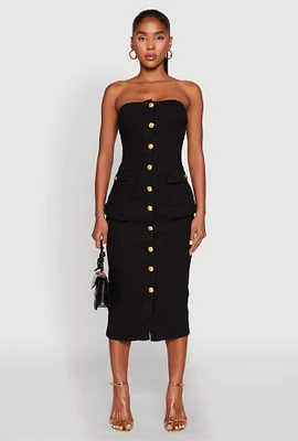 Womens Daisy Button Front Strapless Denim Dress,