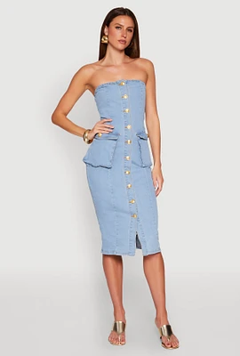 Womens Daisy Button Front Strapless Denim Dress, Blue,