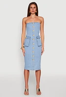 Womens Daisy Button Front Strapless Denim Dress, Blue,