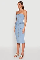 Womens Daisy Button Front Strapless Denim Dress, Blue,