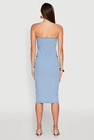 Womens Daisy Button Front Strapless Denim Dress, Blue,