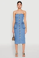 Womens Daisy Button Front Strapless Denim Dress, Blue, Size M