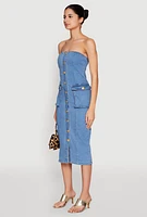 Womens Daisy Button Front Strapless Denim Dress, Blue, Size M