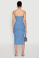 Womens Daisy Button Front Strapless Denim Dress, Blue, Size M