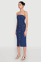 Womens Daisy Button Front Strapless Denim Dress, Blue, Size S
