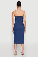 Womens Daisy Button Front Strapless Denim Dress, Blue, Size S