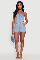 Womens Daisy Denim Strapless Romper with Side Cut Outs, Blue,