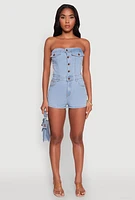 Womens Daisy Denim Strapless Romper with Side Cut Outs, Blue,