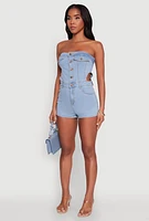 Womens Daisy Denim Strapless Romper with Side Cut Outs, Blue,