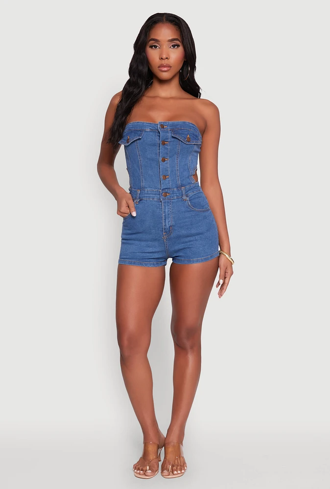 Womens Daisy Denim Strapless Romper with Side Cut Outs, Blue,