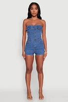 Womens Daisy Denim Strapless Romper with Side Cut Outs, Blue,