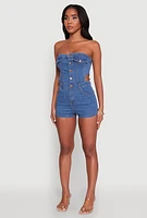 Womens Daisy Denim Strapless Romper with Side Cut Outs, Blue,