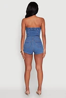 Womens Daisy Denim Strapless Romper with Side Cut Outs, Blue,