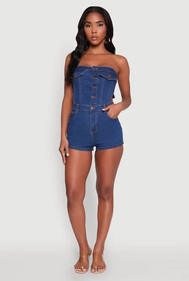 Womens Daisy Denim Strapless Romper with Side Cut Outs, Blue, Size S