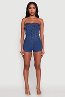 Womens Daisy Denim Strapless Romper with Side Cut Outs, Blue, Size S