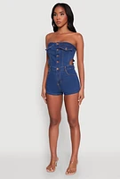 Womens Daisy Denim Strapless Romper with Side Cut Outs, Blue, Size S