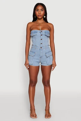 Womens Daisy Denim Cargo Pocket Sleeveless Romper, Blue, Size L