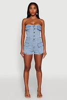 Womens Daisy Denim Cargo Pocket Sleeveless Romper, Blue, Size L