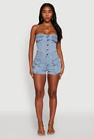 Womens Daisy Denim Cargo Pocket Sleeveless Romper, Blue, Size L