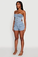 Womens Daisy Denim Cargo Pocket Sleeveless Romper, Blue, Size L