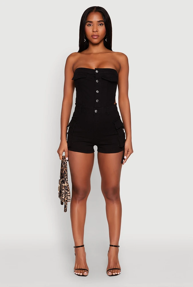 Womens Daisy Cut Out Cargo Denim Tube Romper,