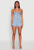 Womens Daisy Cut Out Cargo Denim Tube Romper, Blue,