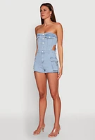 Womens Daisy Cut Out Cargo Denim Tube Romper, Blue,
