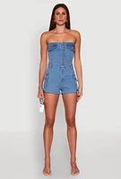 Womens Daisy Cut Out Cargo Denim Tube Romper, Blue, Size L