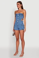 Womens Daisy Cut Out Cargo Denim Tube Romper, Blue, Size L