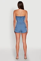 Womens Daisy Cut Out Cargo Denim Tube Romper, Blue, Size L